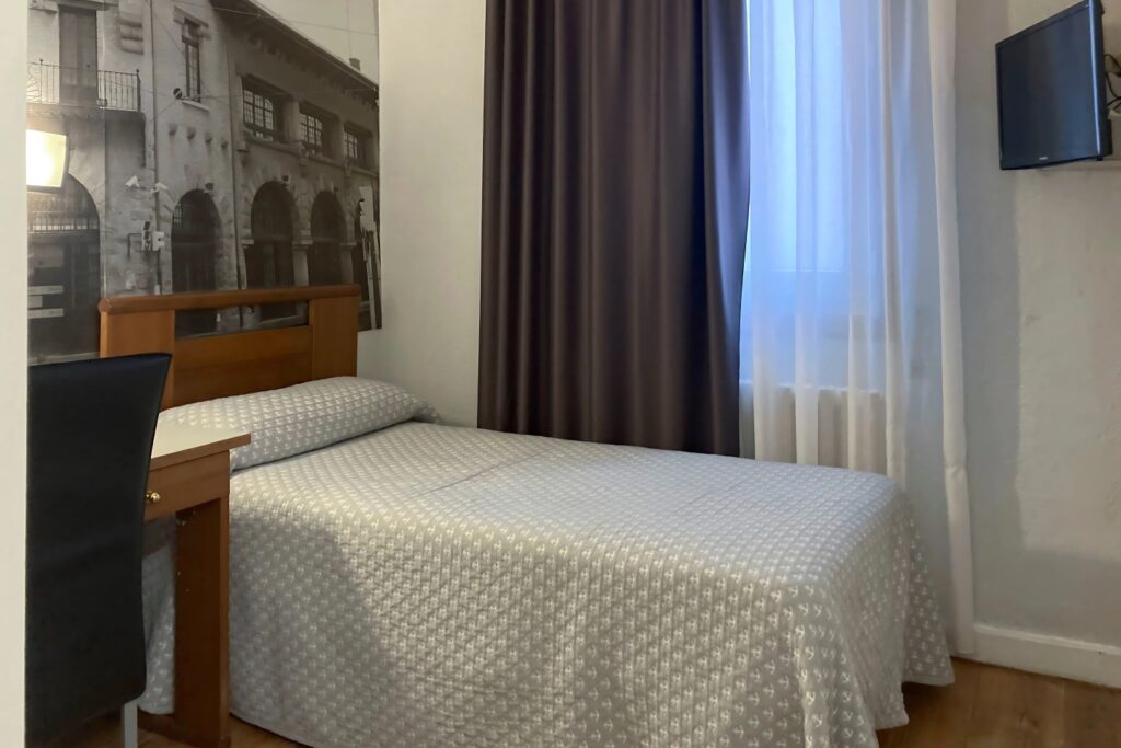 Habitación individual del Hotel Photo Zabalburu con cama individual, escritorio y luz natural en Bilbao